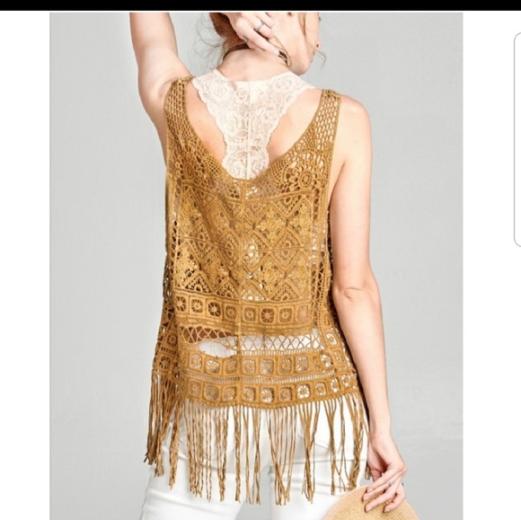 SALE! NWT Cotton Crochet BoHo Vest Pullover Fringe - Picture 2 of 8